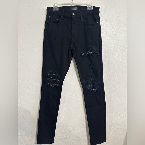 Amiri MX1 Bandana Ripped Patch Skinny Jeans Jet Black size 33 - Picture 9 of 9